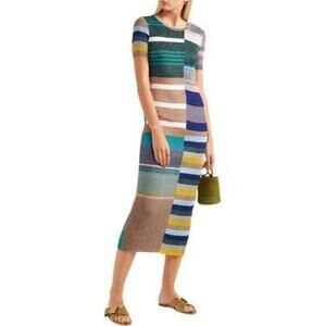Missoni Metallic Striped Ribbed Knit Midi Dress Green Lettuce Hem Multicolor